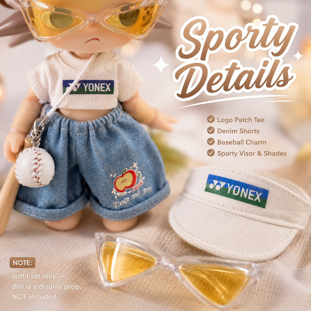 Sporty Visor Doll Outfit Set | Logo Tee + Denim Shorts + Sunglasses + Baseball Charm | Athleisure Doll Clothes